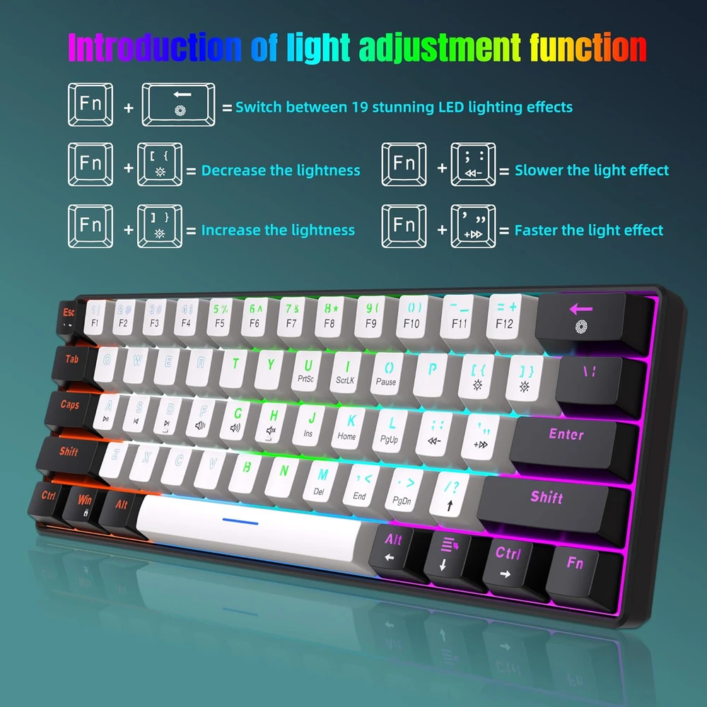 Snpurdiri mechaninė žaidimų klaviatūra 60%, laidinė, 61 mygtukas, RGB apšvietimas, mėlynieji jungikliai, juodai balta