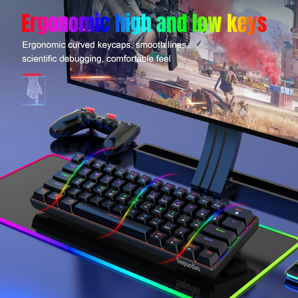 Snpurdiri mechaninė žaidimų klaviatūra, 60%, RGB, 61 klavišas, mėlynas jungiklis, laidinė, juoda