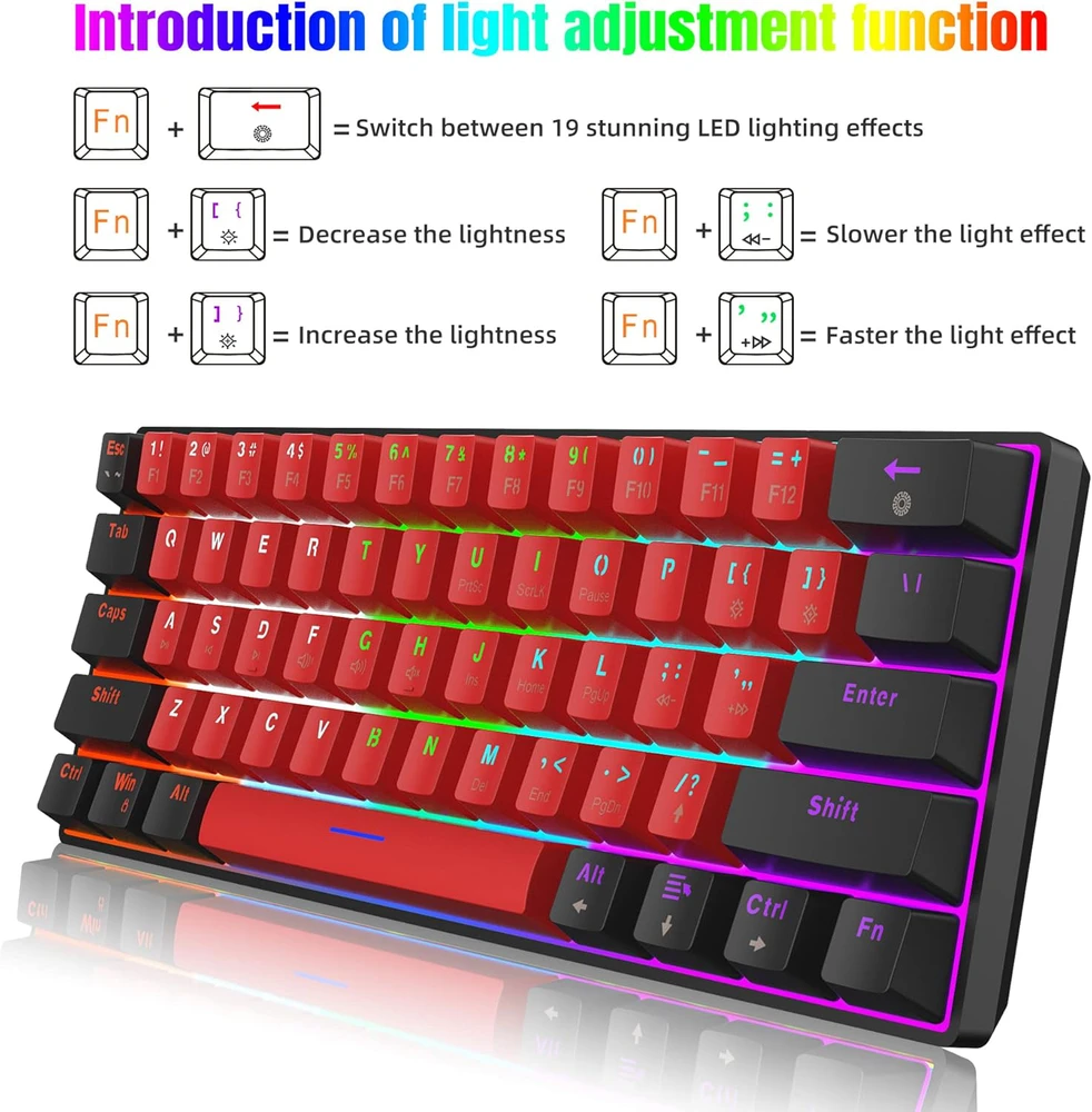 Snpurdiri mechaninė žaidimų klaviatūra, 60%, 61 mygtukas, RGB apšvietimas, USB-C jungtis, mėlynas perjungiklis