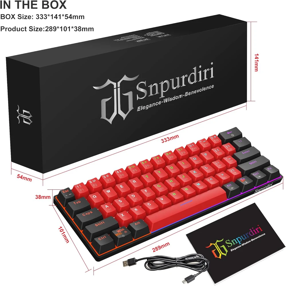 Snpurdiri mechaninė žaidimų klaviatūra, 60%, 61 mygtukas, RGB apšvietimas, USB-C jungtis, mėlynas perjungiklis