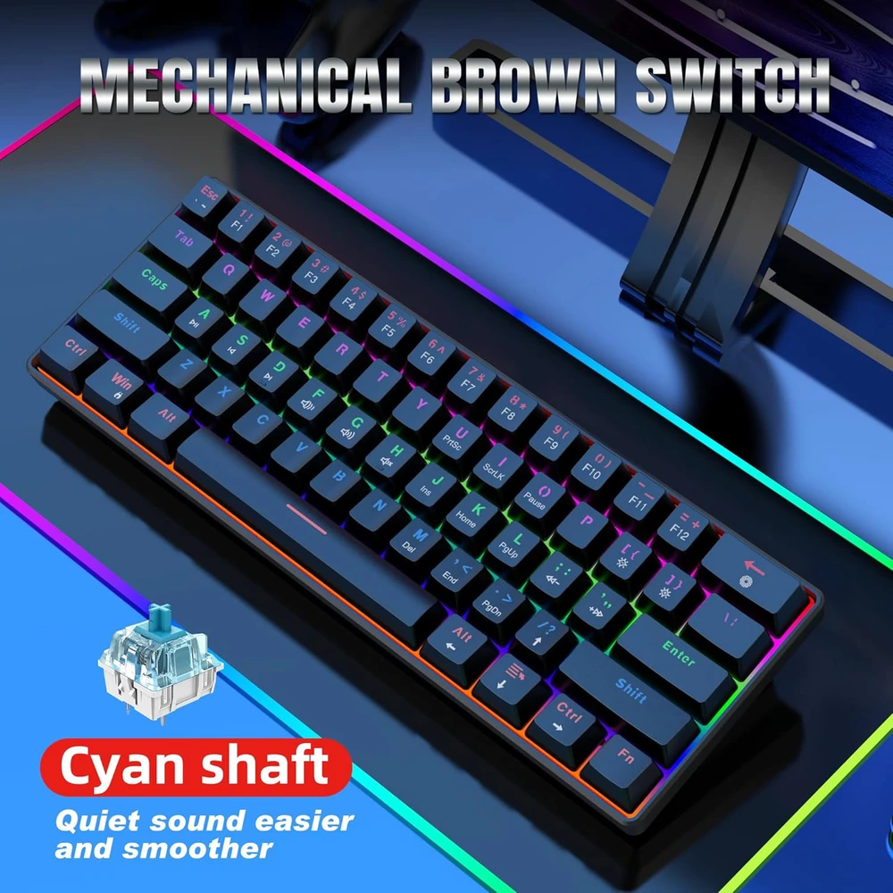 Snpurdiri mechaninė žaidimų klaviatūra, 60%, RGB, 61 klavišas, mėlynas jungiklis, laidinė, juoda