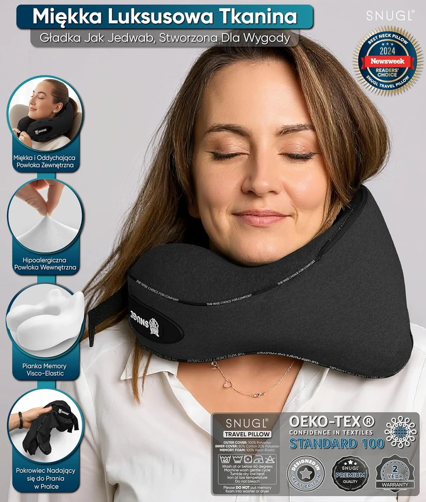 SNUGL kelioninė kaklo pagalvė su memory putomis, ergonomiška, skalbiama, juoda, SNU-TRA-PIL-V01