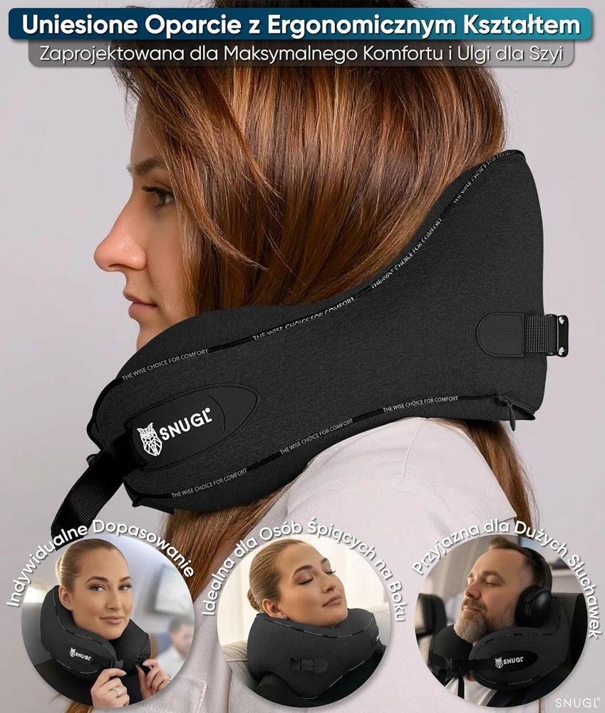 SNUGL kelioninė kaklo pagalvė su memory putomis, ergonomiška, skalbiama, juoda, SNU-TRA-PIL-V01