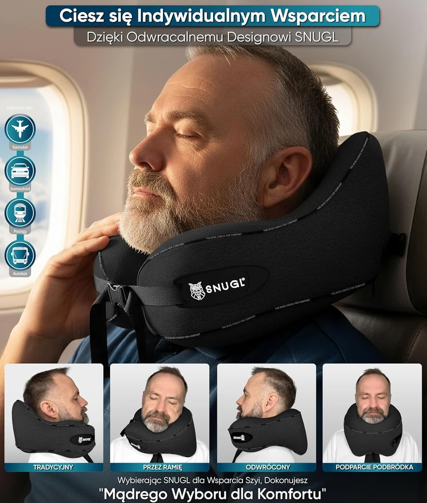 SNUGL kelioninė kaklo pagalvė su memory putomis, ergonomiška, skalbiama, juoda, SNU-TRA-PIL-V01