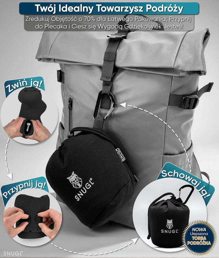 SNUGL kelioninė kaklo pagalvė su memory putomis, ergonomiška, skalbiama, juoda, SNU-TRA-PIL-V01