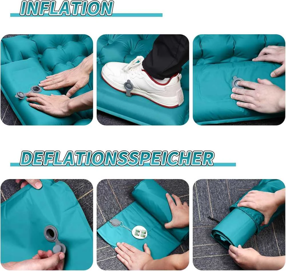 Sofa ERWEY dvivietis savaime prisipučiantis turistinis kilimėlis, 200 × 135 cm, itin lengvas, su pagalvėmis, žydros spalvos