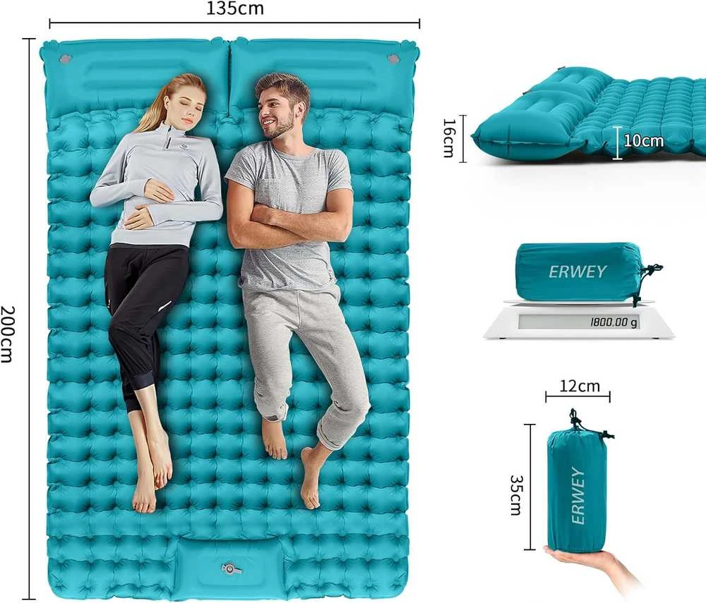 Sofa ERWEY dvivietis savaime prisipučiantis turistinis kilimėlis, 200 × 135 cm, itin lengvas, su pagalvėmis, žydros spalvos