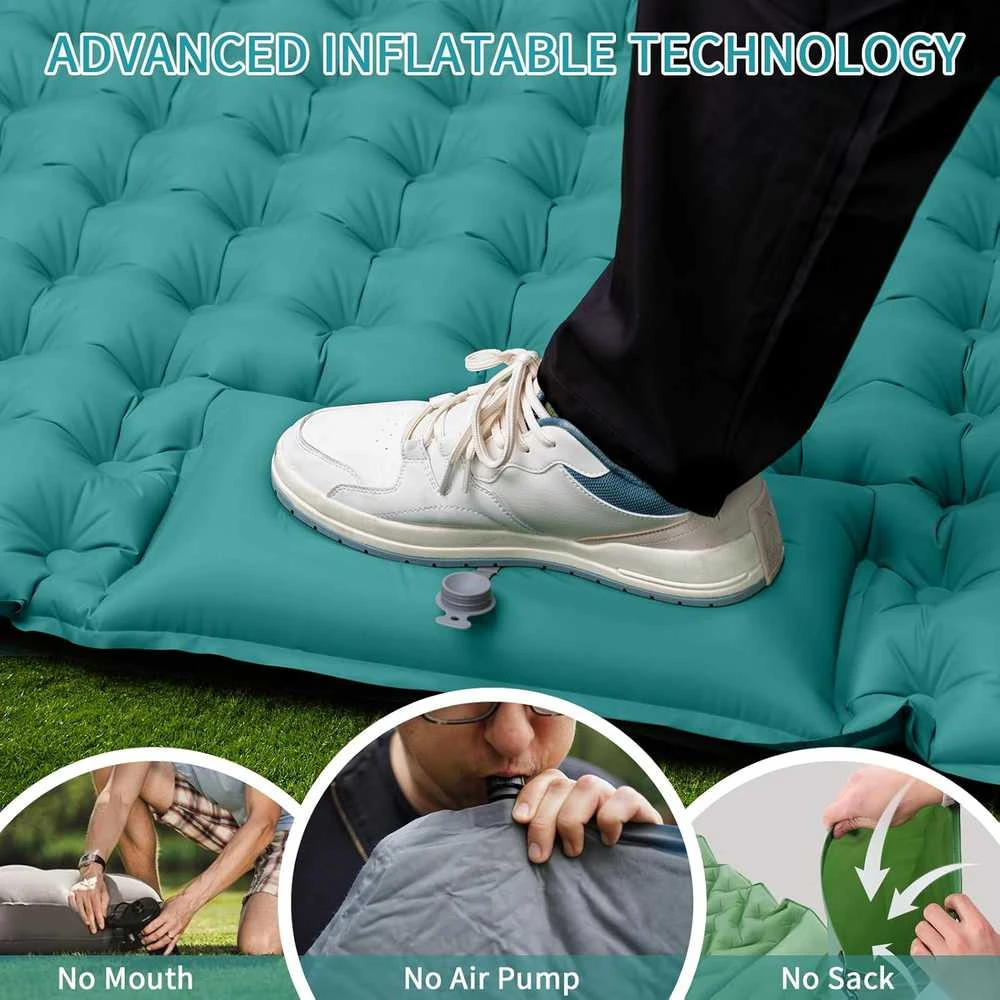Sofa ERWEY dvivietis savaime prisipučiantis turistinis kilimėlis, 200 × 135 cm, itin lengvas, su pagalvėmis, žydros spalvos