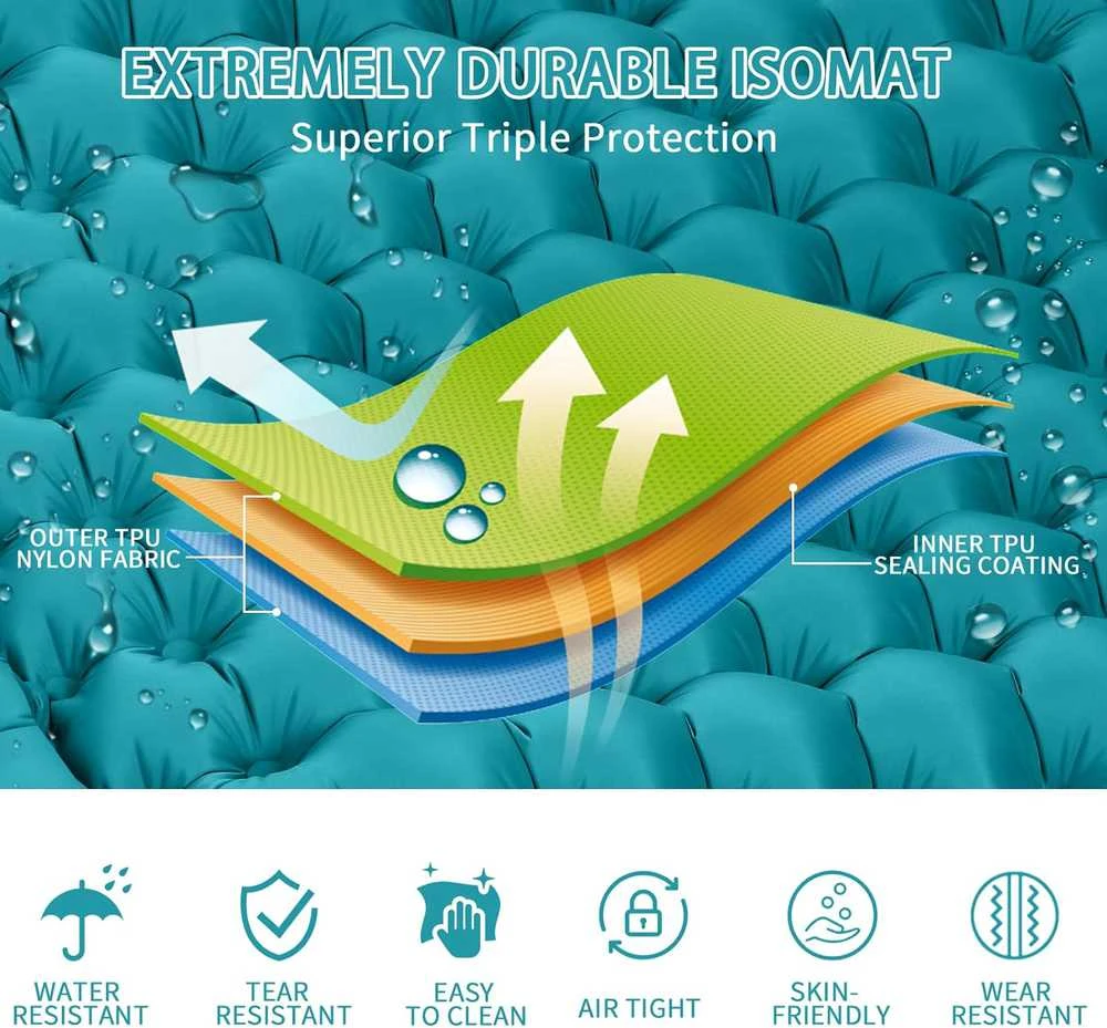 Sofa ERWEY dvivietis savaime prisipučiantis turistinis kilimėlis, 200 × 135 cm, itin lengvas, su pagalvėmis, žydros spalvos