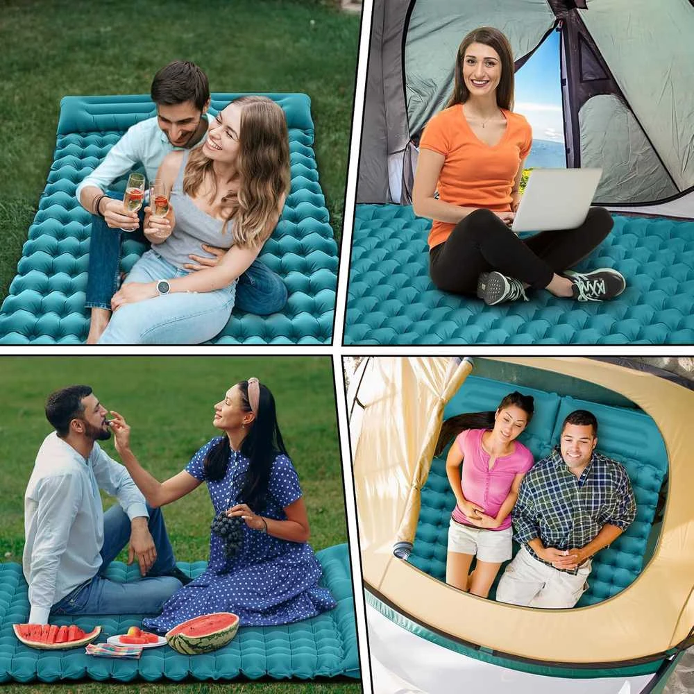 Sofa ERWEY dvivietis savaime prisipučiantis turistinis kilimėlis, 200 × 135 cm, itin lengvas, su pagalvėmis, žydros spalvos