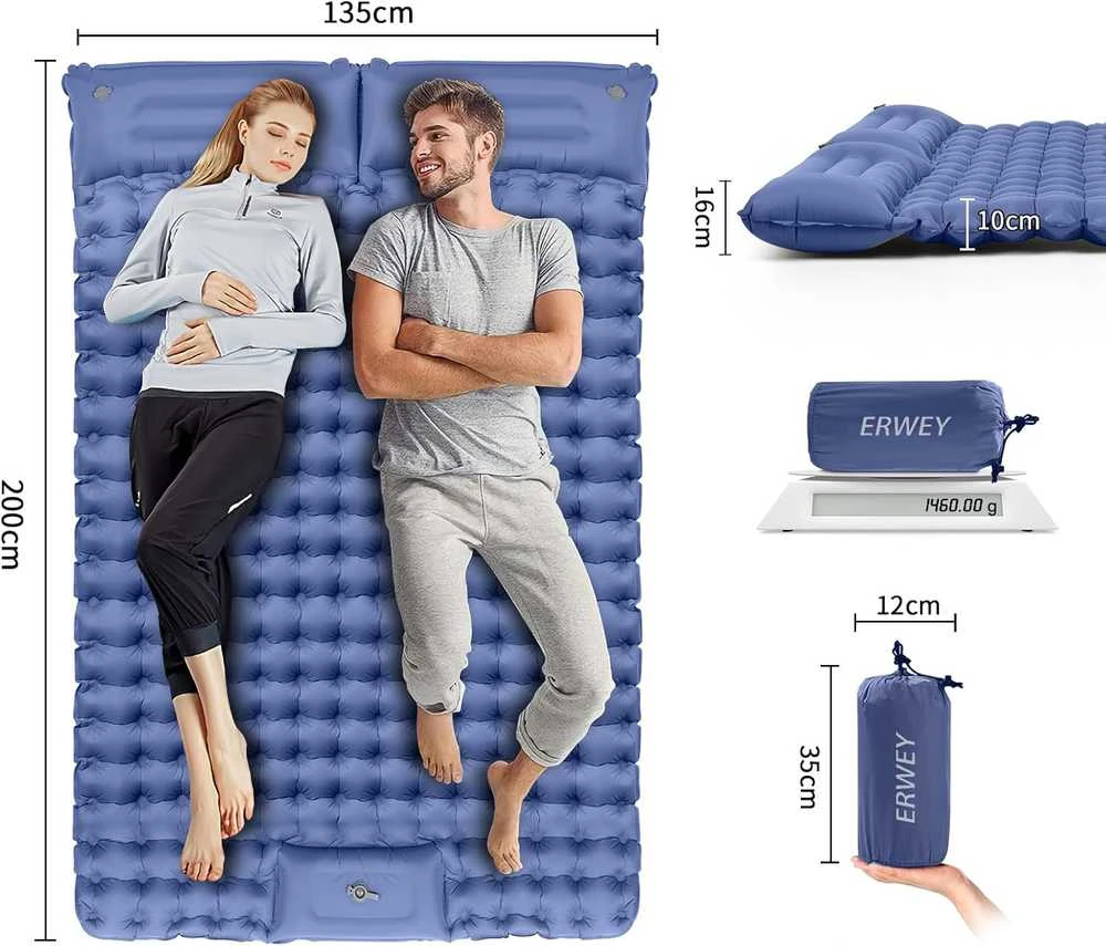 Sofa ERWEY dvivietis savaime prisipučiantis turistinis kilimėlis, 200 × 135 × 10 cm, itin lengvas, mėlynas, G01Y04714
