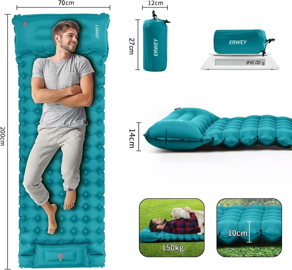 Sofa ERWEY pripučiamas kempingo kilimėlis, 200x70 cm, 10 cm storio, su pompa ir pagalve, mėlyna