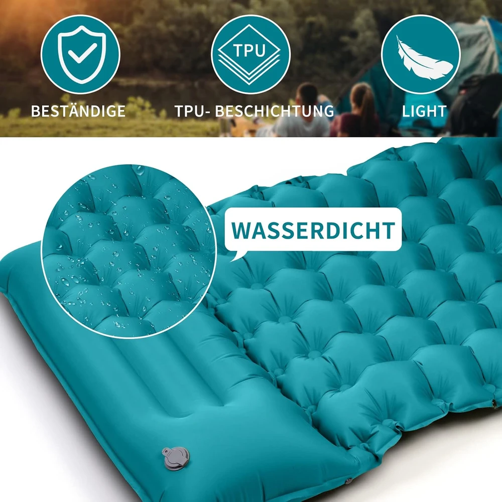 Sofa ERWEY pripučiamas kempingo kilimėlis, 200x70 cm, 10 cm storio, su pompa ir pagalve, mėlyna