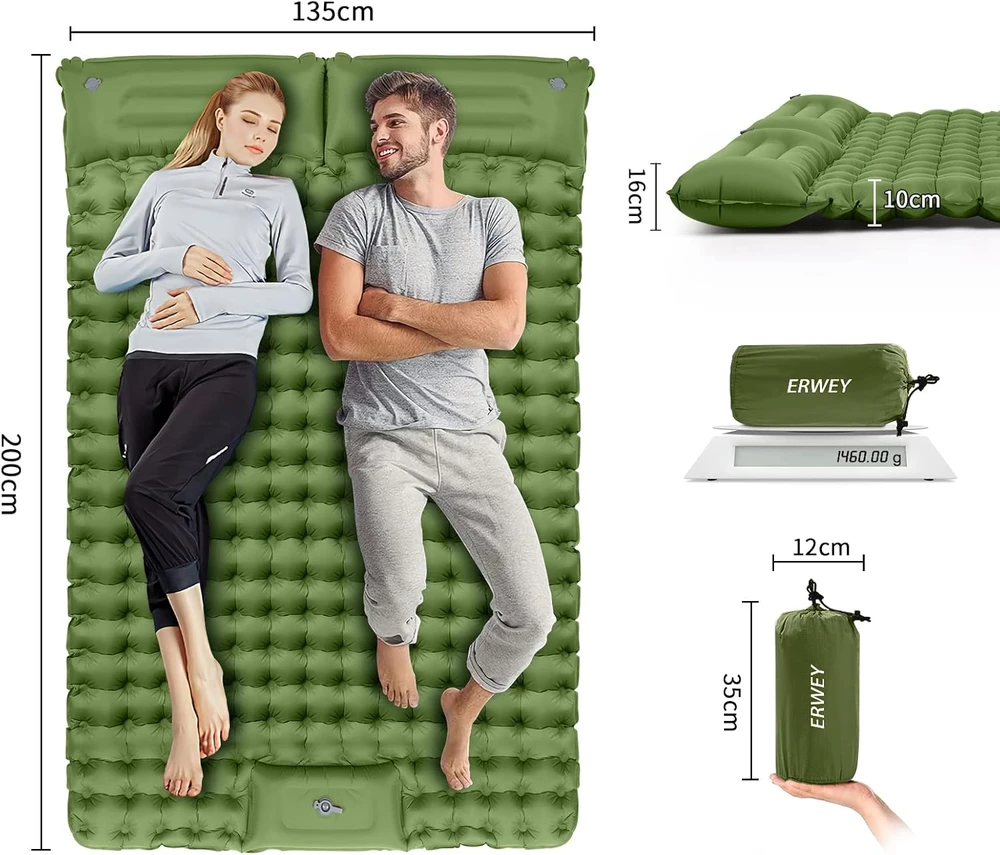 Sofa ERWEY savaime prisipūčiantis dvigubas turistinis kilimėlis, 200x135 cm, su integruota pompa ir pagalve