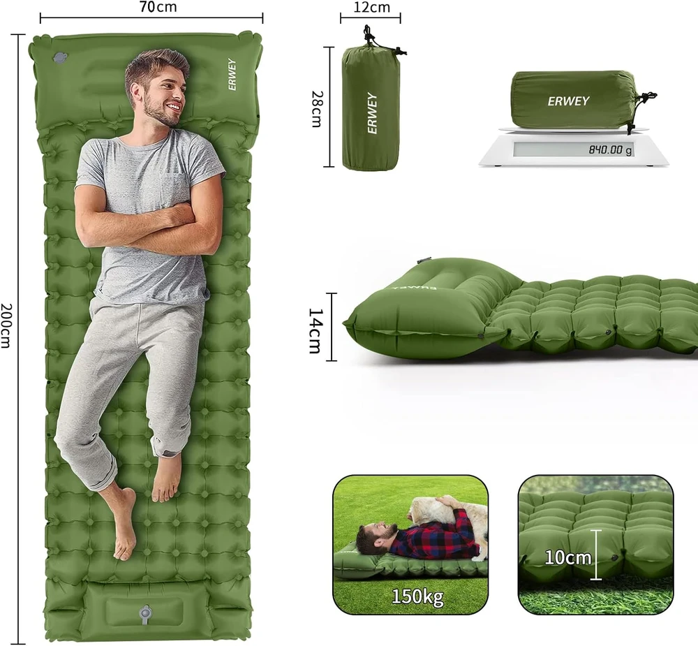 Sofa ERWEY savaime prisipūčiantis kempingo čiužinys su pagalve, neperšlampamas, 200x70x10 cm, mėlynas