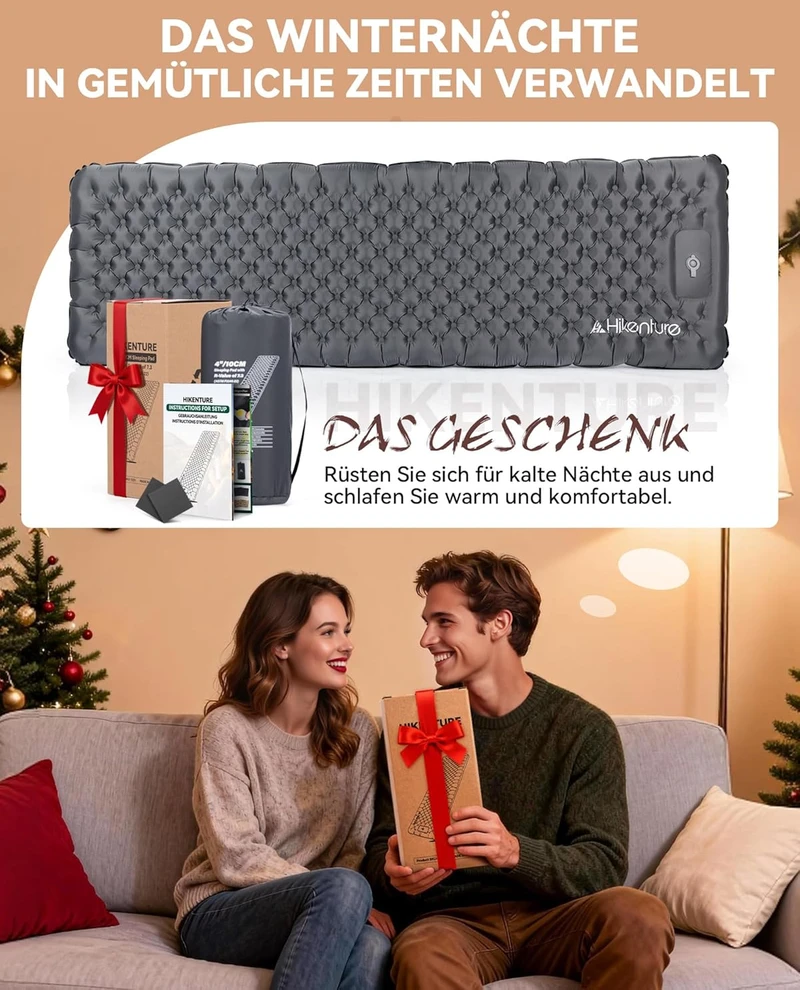 Sofa HIKENTURE itin gerai šilumą izoliuojantis pripučiamas turistinis kilimėlis 7,3 R, 10 cm su pėdų pompa, 210x64 cm