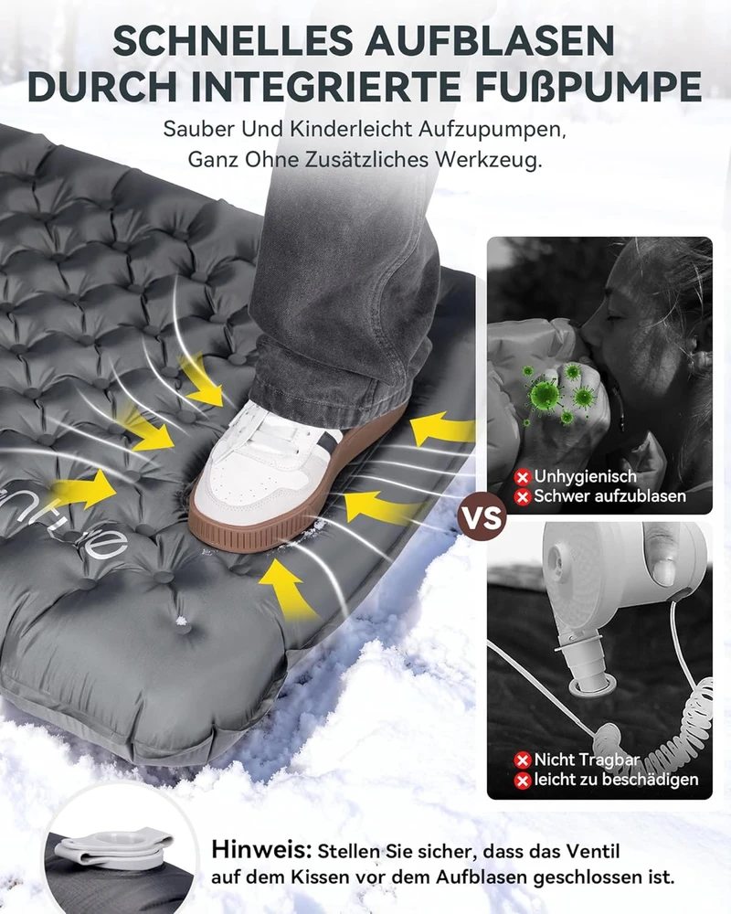 Sofa HIKENTURE itin gerai šilumą izoliuojantis pripučiamas turistinis kilimėlis 7,3 R, 10 cm su pėdų pompa, 210x64 cm