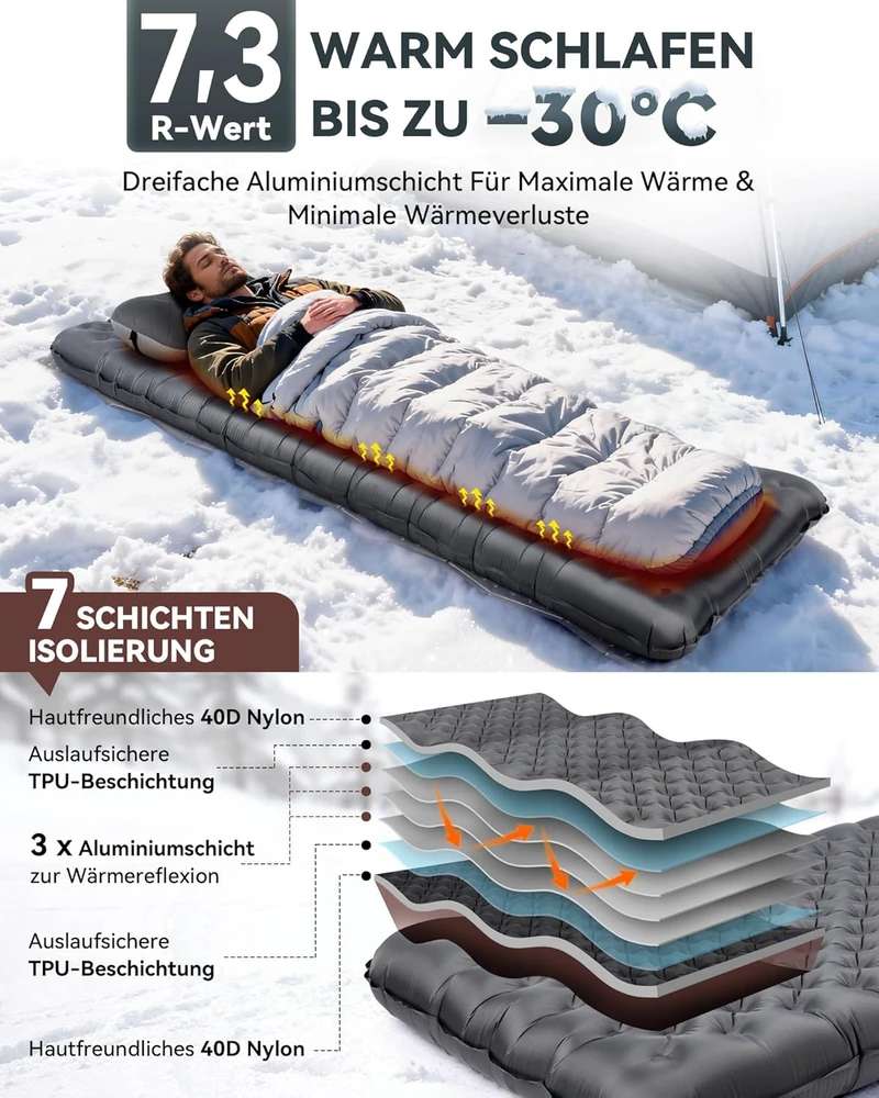 Sofa HIKENTURE itin gerai šilumą izoliuojantis pripučiamas turistinis kilimėlis 7,3 R, 10 cm su pėdų pompa, 210x64 cm