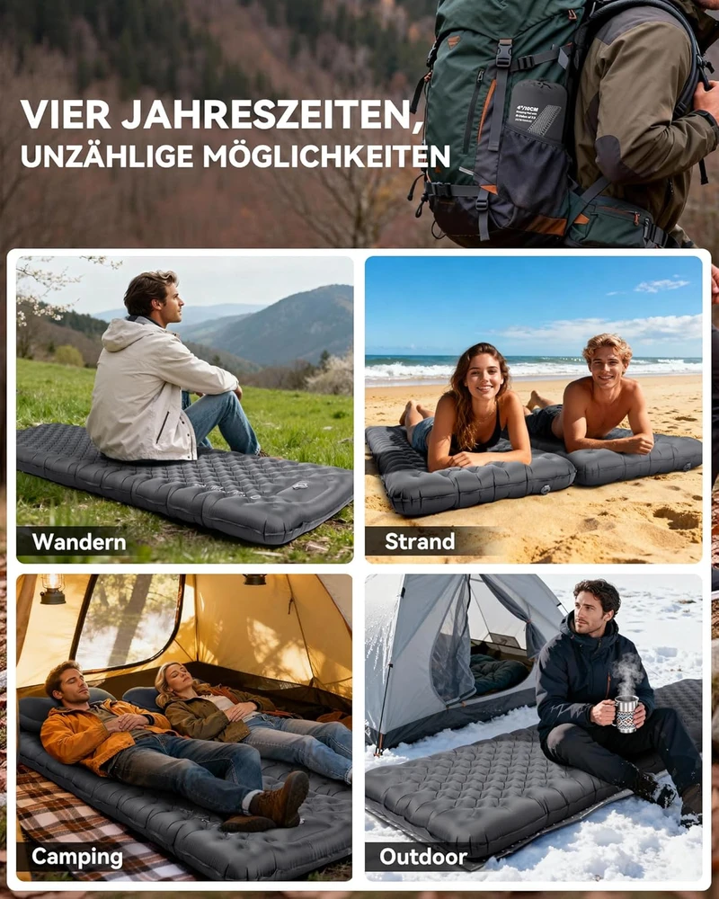 Sofa HIKENTURE itin gerai šilumą izoliuojantis pripučiamas turistinis kilimėlis 7,3 R, 10 cm su pėdų pompa, 210x64 cm