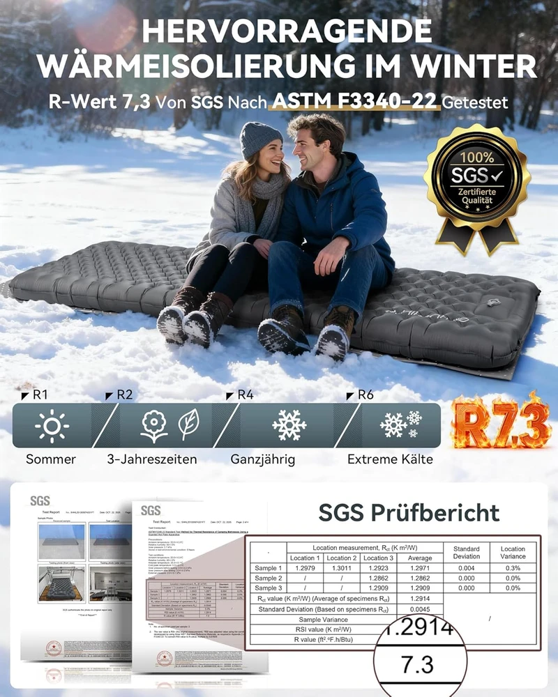 Sofa HIKENTURE itin gerai šilumą izoliuojantis pripučiamas turistinis kilimėlis 7,3 R, 10 cm su pėdų pompa, 210x64 cm