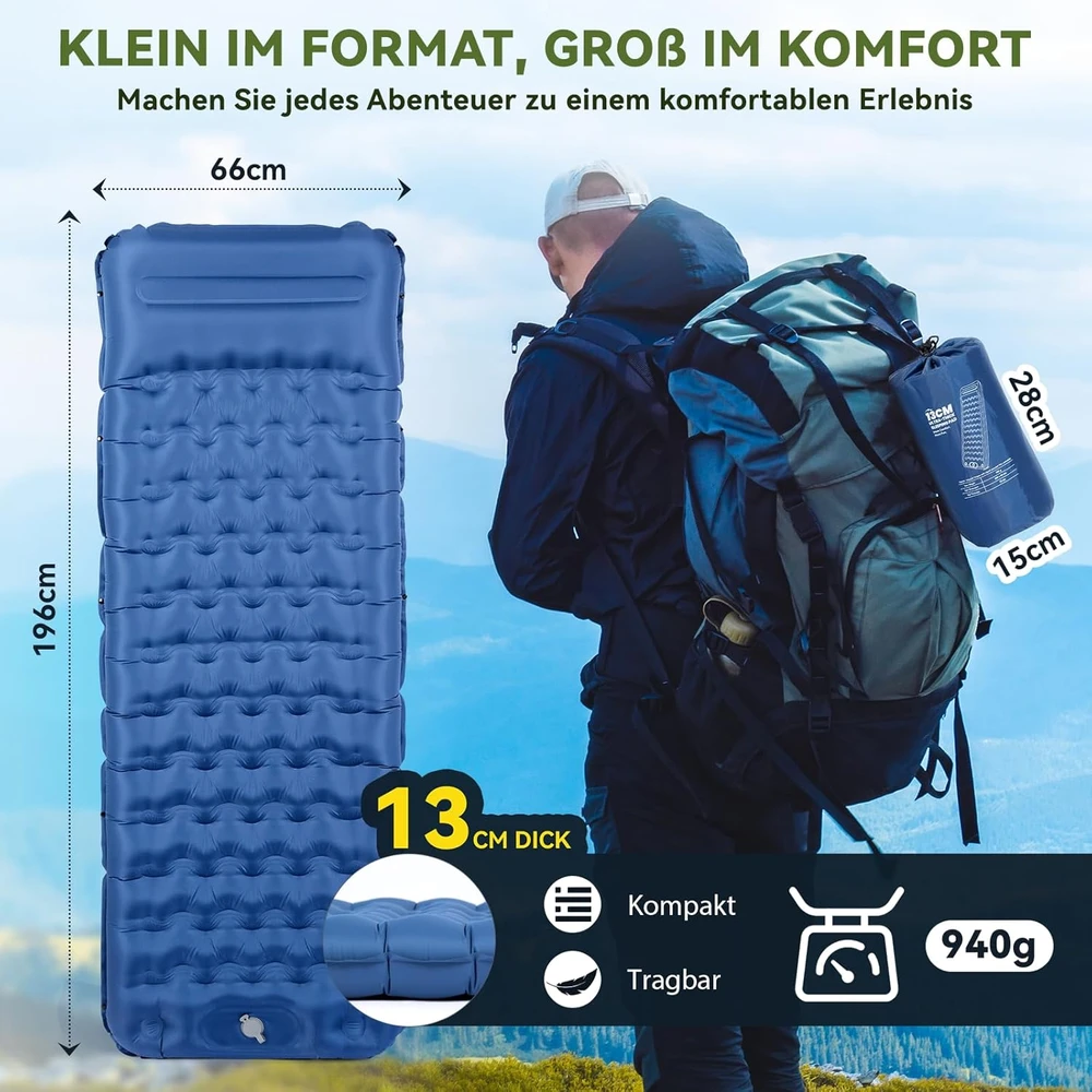 Sofa HIKENTURE savaime prisipučiantis kempingo kilimėlis su integruota pompa, 13 cm storio, 200 x 66 cm, 940 g