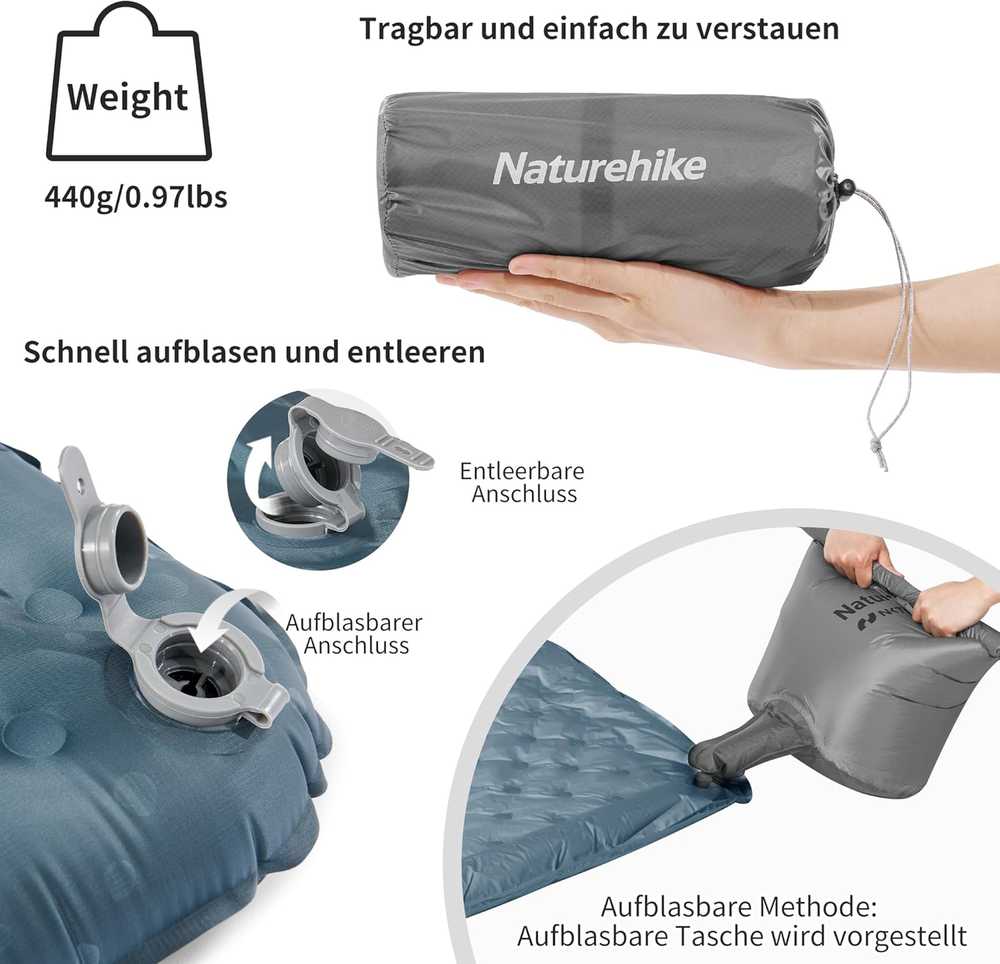 Sofa Naturehike savaime prisipučiantis miegmaišio formos kempingo kilimėlis, 183 × 58 × 7 cm, R vertė 3,5