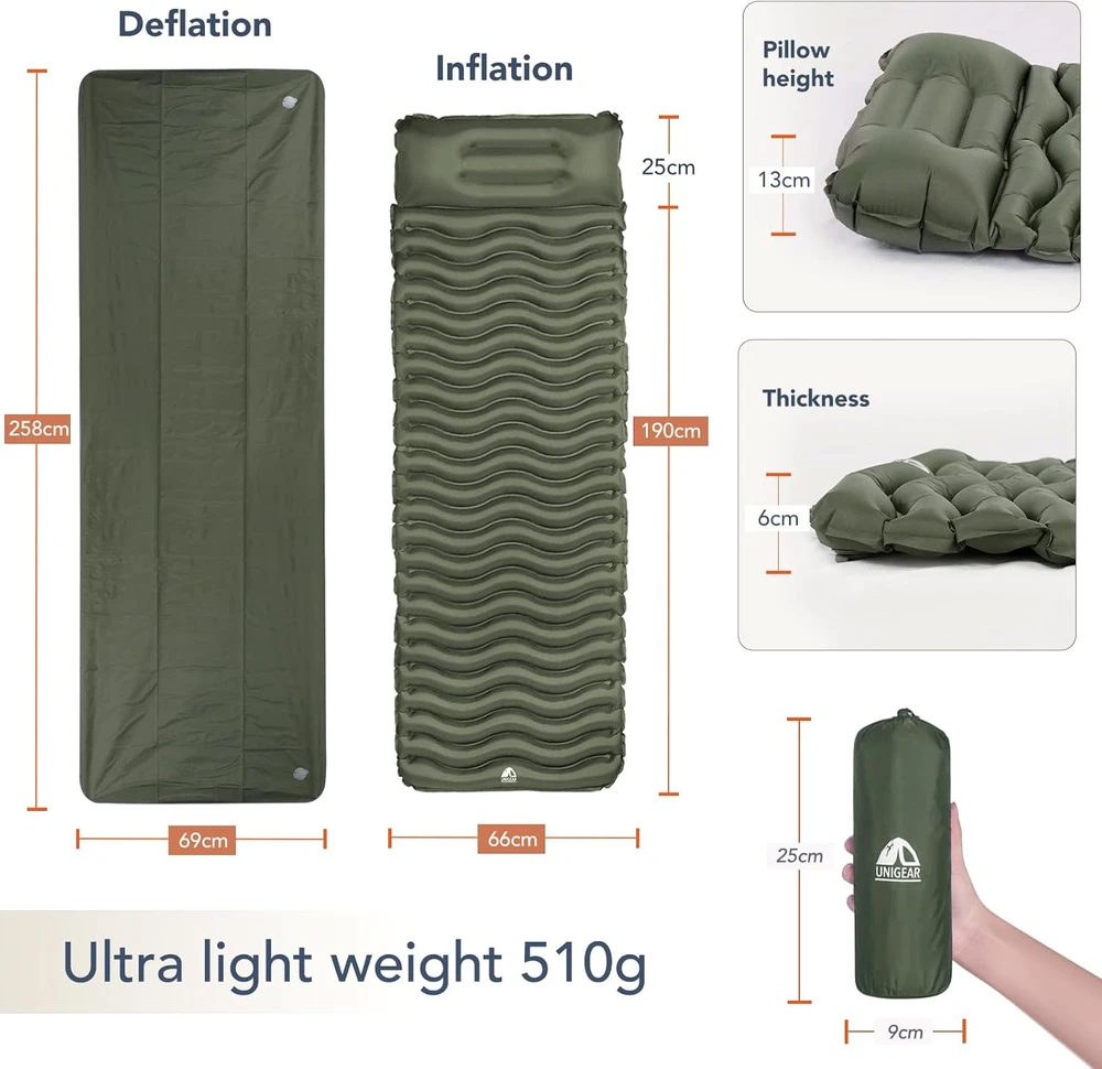 Sofa Unigear pripučiamas turistinis kilimėlis 190x66 cm, ultralengvas, nailonas, žalia