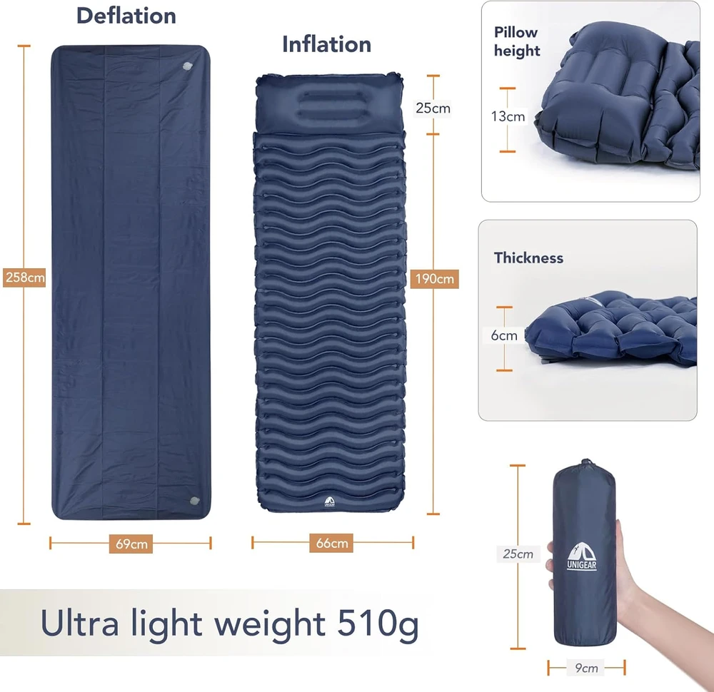 Sofa Unigear pripučiamas turistinis kilimėlis, 190x66 cm, 5.5 cm storio, TPU, mėlynos spalvos