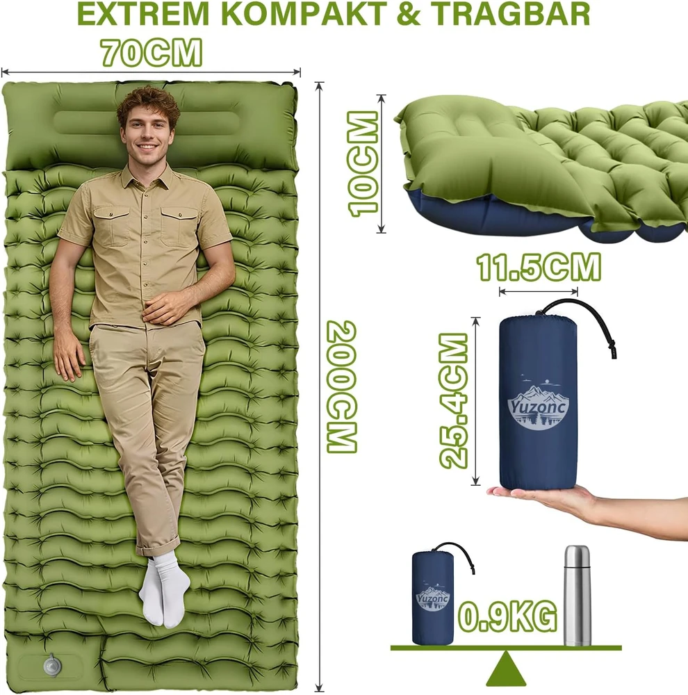 Sofa Yuzonc savaime prisipūčiantis turistinis kilimėlis su integruota pompa ir pagalve, 195 x 68 x 10 cm, mėlyna/žalia