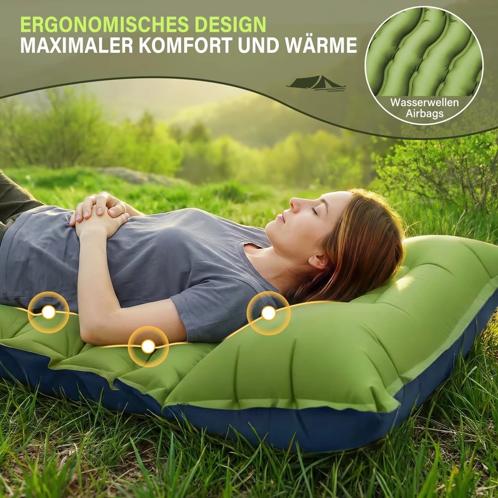 Sofa Yuzonc savaime prisipūčiantis turistinis kilimėlis su integruota pompa ir pagalve, 195 x 68 x 10 cm, mėlyna/žalia