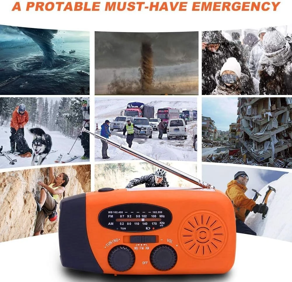 SOLARBABY nešiojamas avarinis radijas su rankenėlė, saulės įkrovimu, 2000 mAh akumuliatoriumi, LED žibintuvėliu
