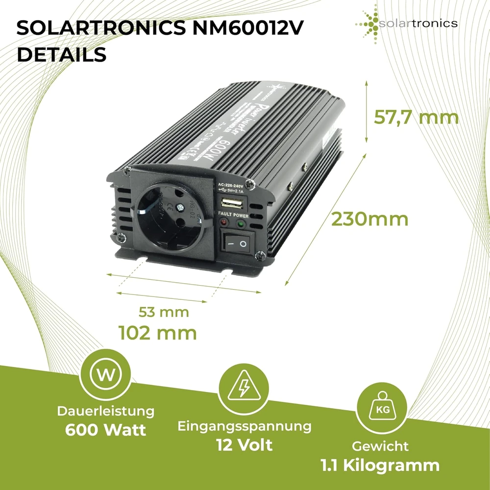 solartronics įtampos keitiklis 12 V į 230 V, 600 W, NM 600