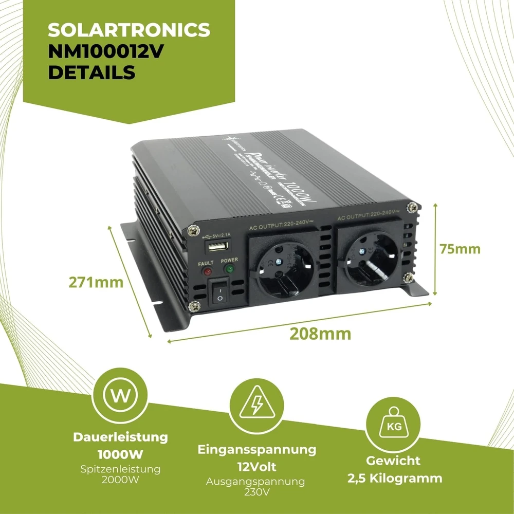 solartronics įtampos keitiklis 12 V į 230 V, 1000 W, modifikuota sinusoidė, 0112101