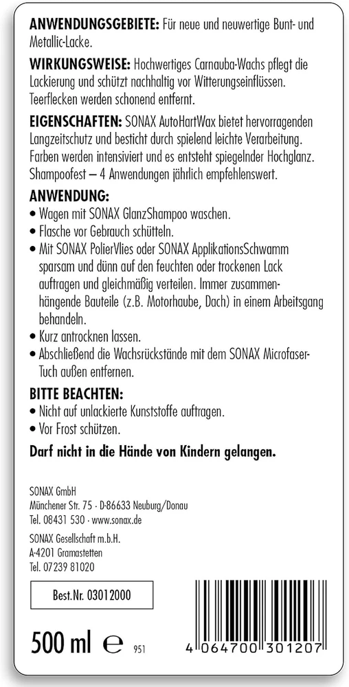 SONAX Vaškas automobiliui AutoHartWax, 500ml 301200