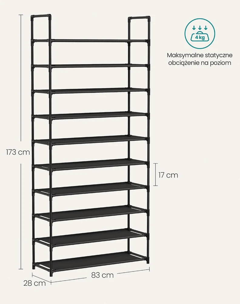 SONGMICS 10 lygių siaura batų lentyna 28 x 83 x 173 cm, juoda, LSH110BH01