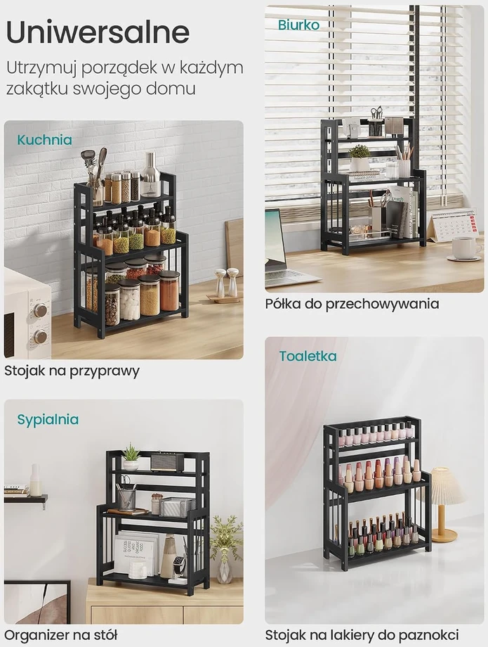 Songmics Prieskonių stovas su 3 lygiais stalviršiui juodmedžio juoda spalva