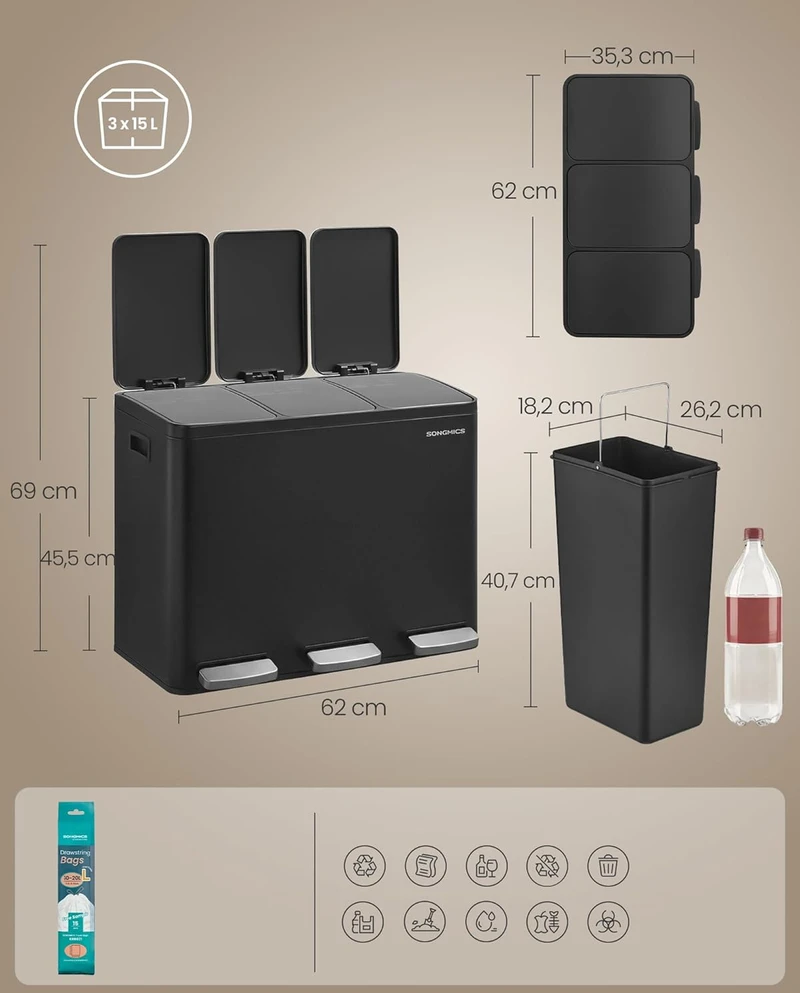 SONGMICS 3 skyrių šiukšlių dėžė su pedalais, 45 l, nerūdijančio plieno, juoda, LTB145BZ02