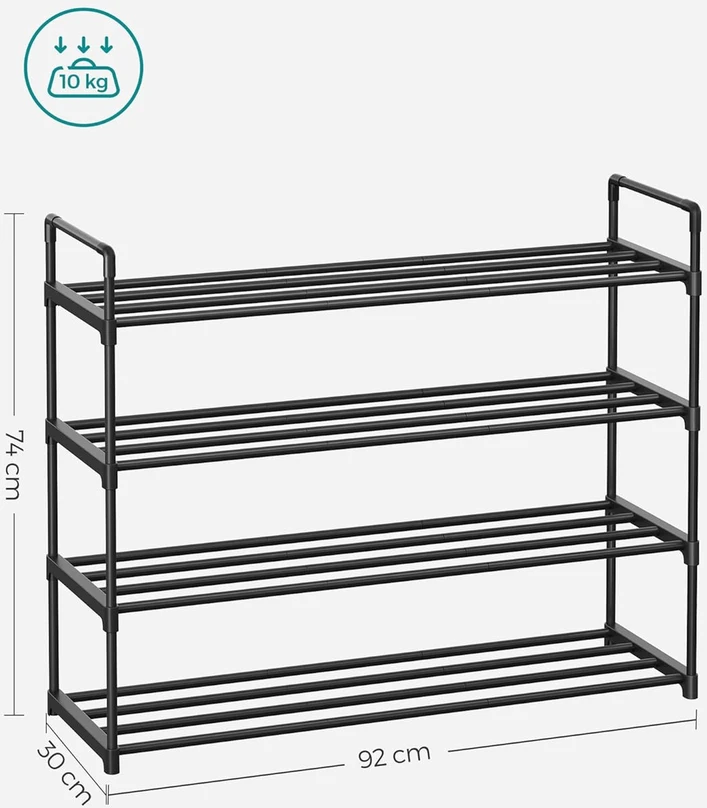 SONGMICS 4 pakopų metalinė batų lentyna, 92 x 30 x 73 cm, talpina iki 20 porų batų, juoda, LSA14BKV2