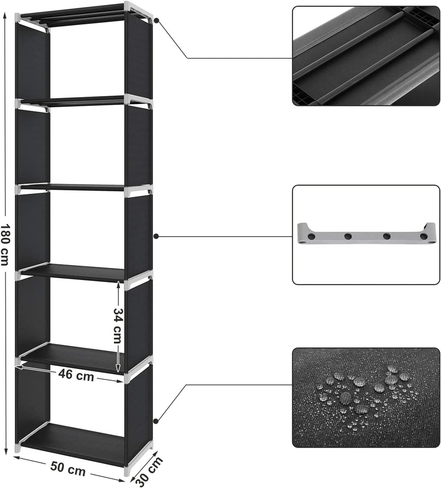 SONGMICS 5 lentynų daiktų laikymo stelažas 50 x 30 x 180 cm, juodas LSN15H
