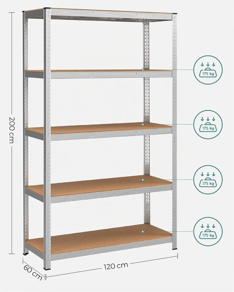 SONGMICS 5 lygių metalinės sandėliavimo lentynos, 2 vnt., 120 x 60 x 200 cm GLR060E02