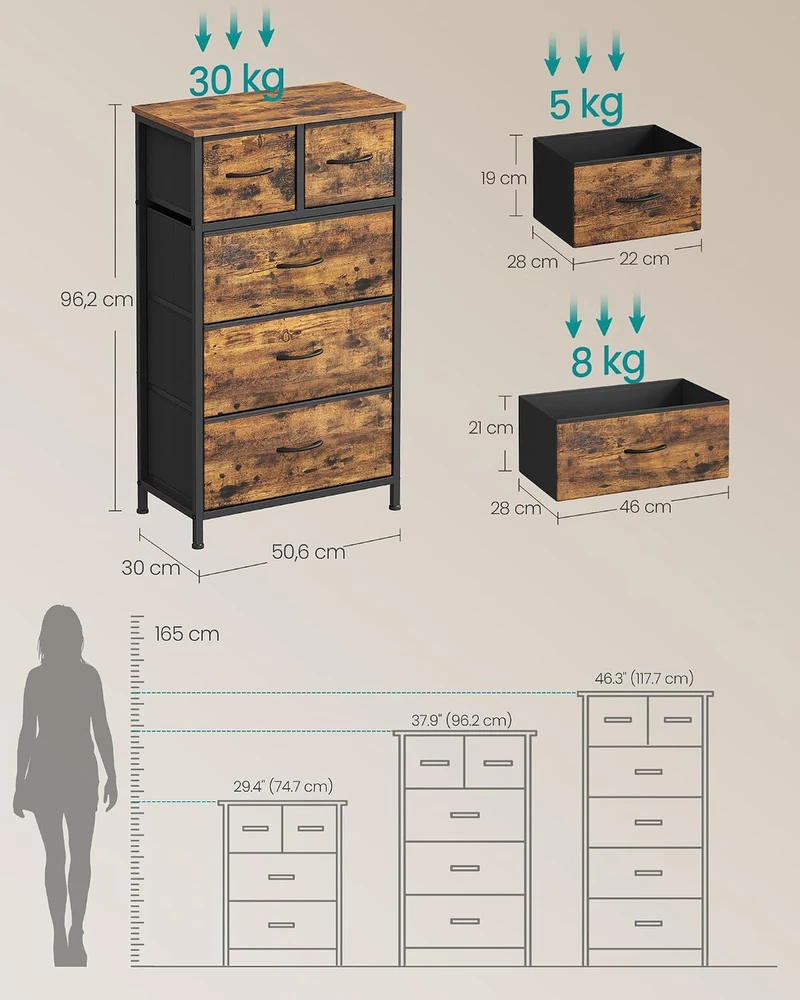 SONGMICS 5 stalčių komoda su mediniu stalviršiu ir plieniniu rėmu LGS431K101