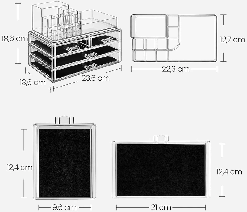 SONGMICS akrilinis kosmetikos organizatorius su 11 skyrelių ir 4 stalčiais JKA001
