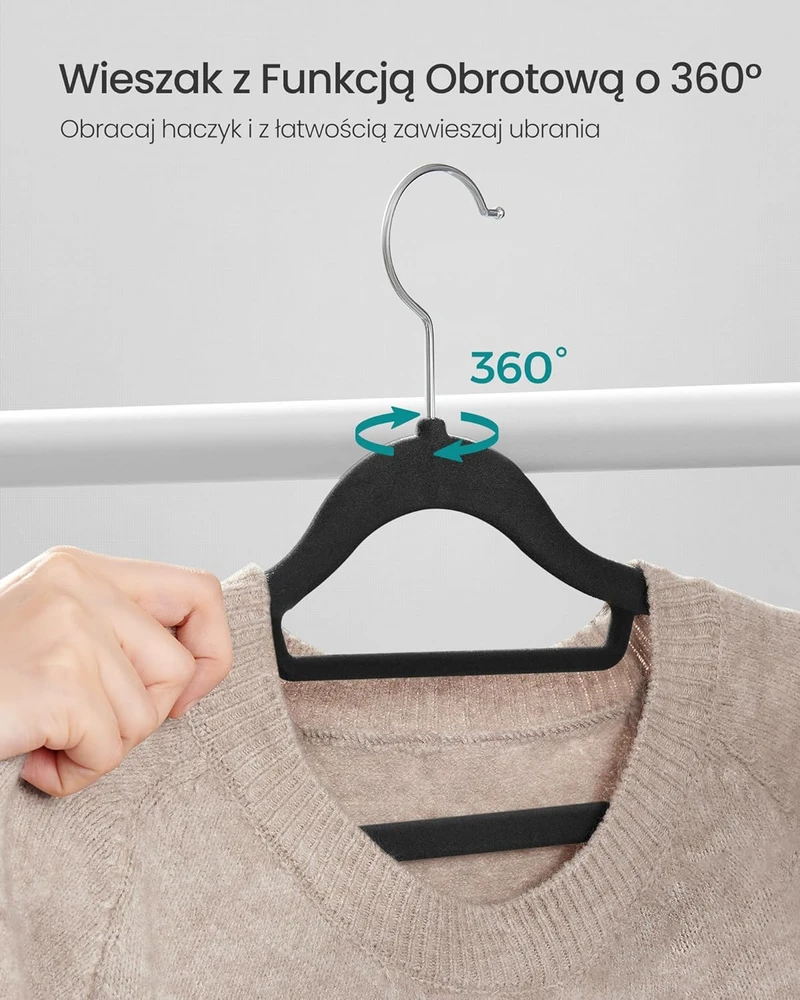 SONGMICS aksamitiniai pakabos drabužiams, komplektas 20 vnt., 0,6 cm plonumo, su 360° pasukamu kabliuku, juodi CRF20B