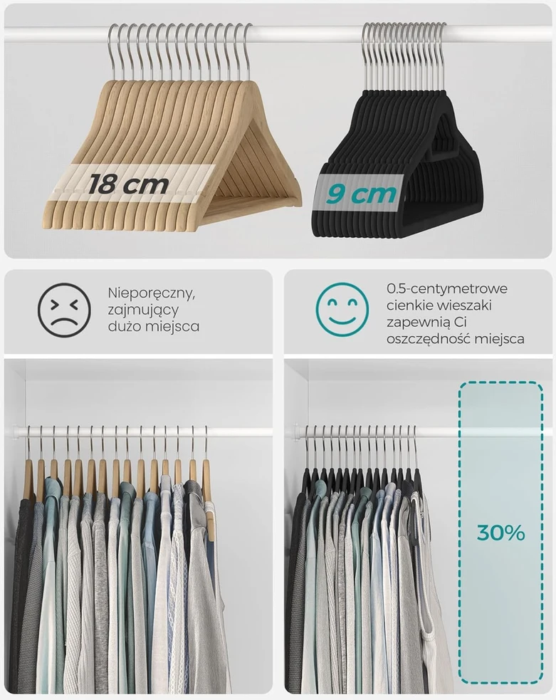 SONGMICS aksamitiniai pakabos drabužiams, komplektas 20 vnt., 0,6 cm plonumo, su 360° pasukamu kabliuku, juodi CRF20B