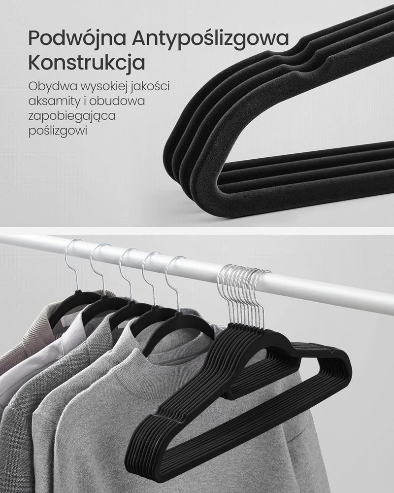 SONGMICS aksamitiniai pakabos drabužiams, komplektas 20 vnt., 0,6 cm plonumo, su 360° pasukamu kabliuku, juodi CRF20B