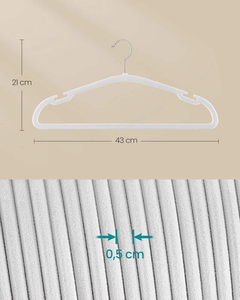 SONGMICS aksominės drabužių pakabos, 50 vnt., 43 x 21 cm, baltos