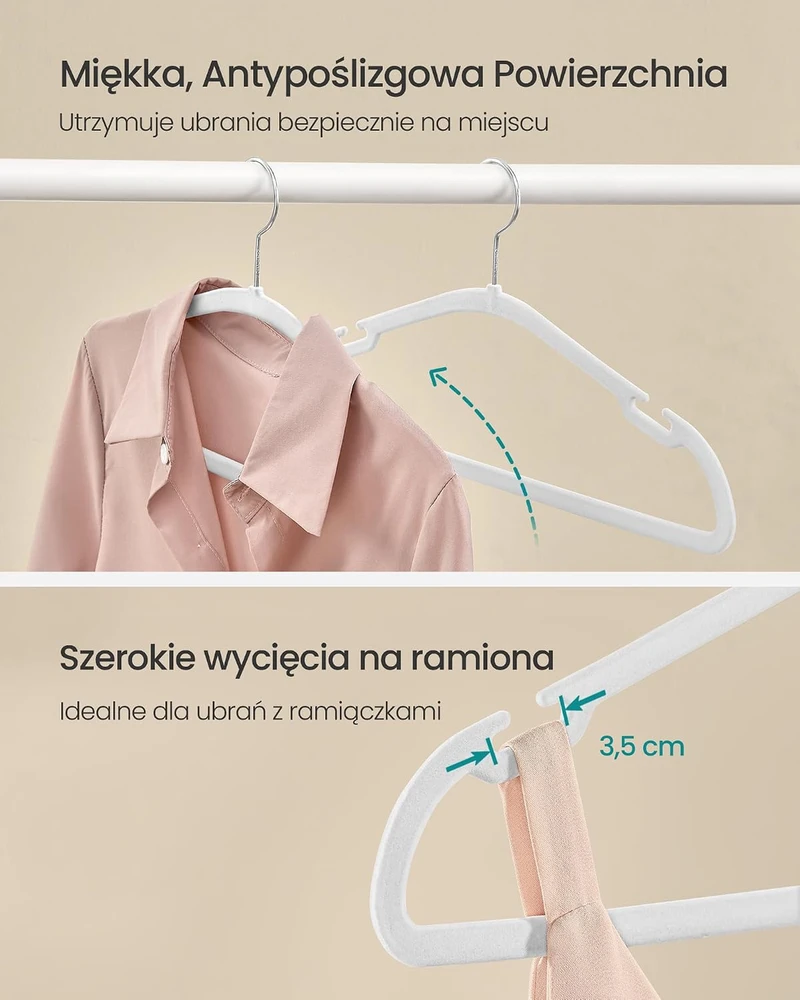 SONGMICS aksominės drabužių pakabos, 50 vnt., 43 x 21 cm, baltos