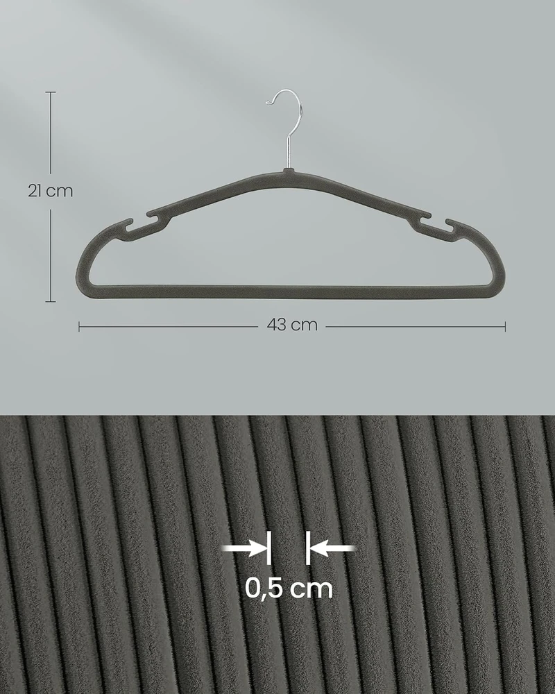 SONGMICS aksominės drabužių pakabos, 50 vnt., 43 x 21 cm, pilkos