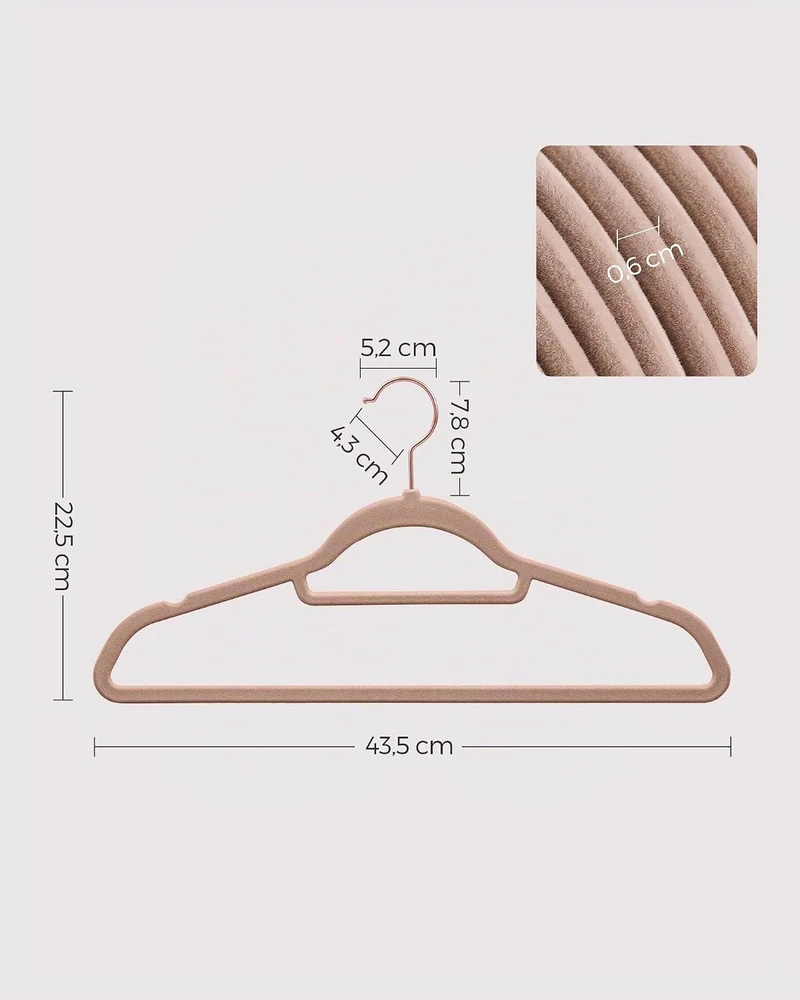 SONGMICS aksominės neslystančios drabužių pakabos su 360° kabliukais, 50 vnt.