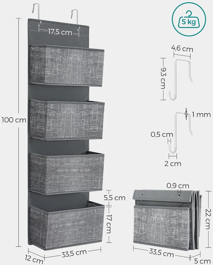 SONGMICS ant durų kabinamas organizatorius su 4 kišenėmis, 33.5 x 12 x 100 cm, RDH004G11